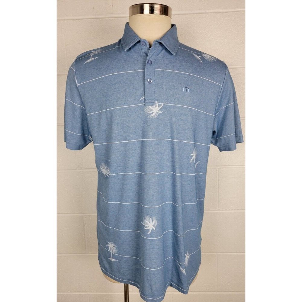 Travis Mathew  Blue Pima Cotton Tropical Palm Striped Short Sleeve Polo Shirt XL